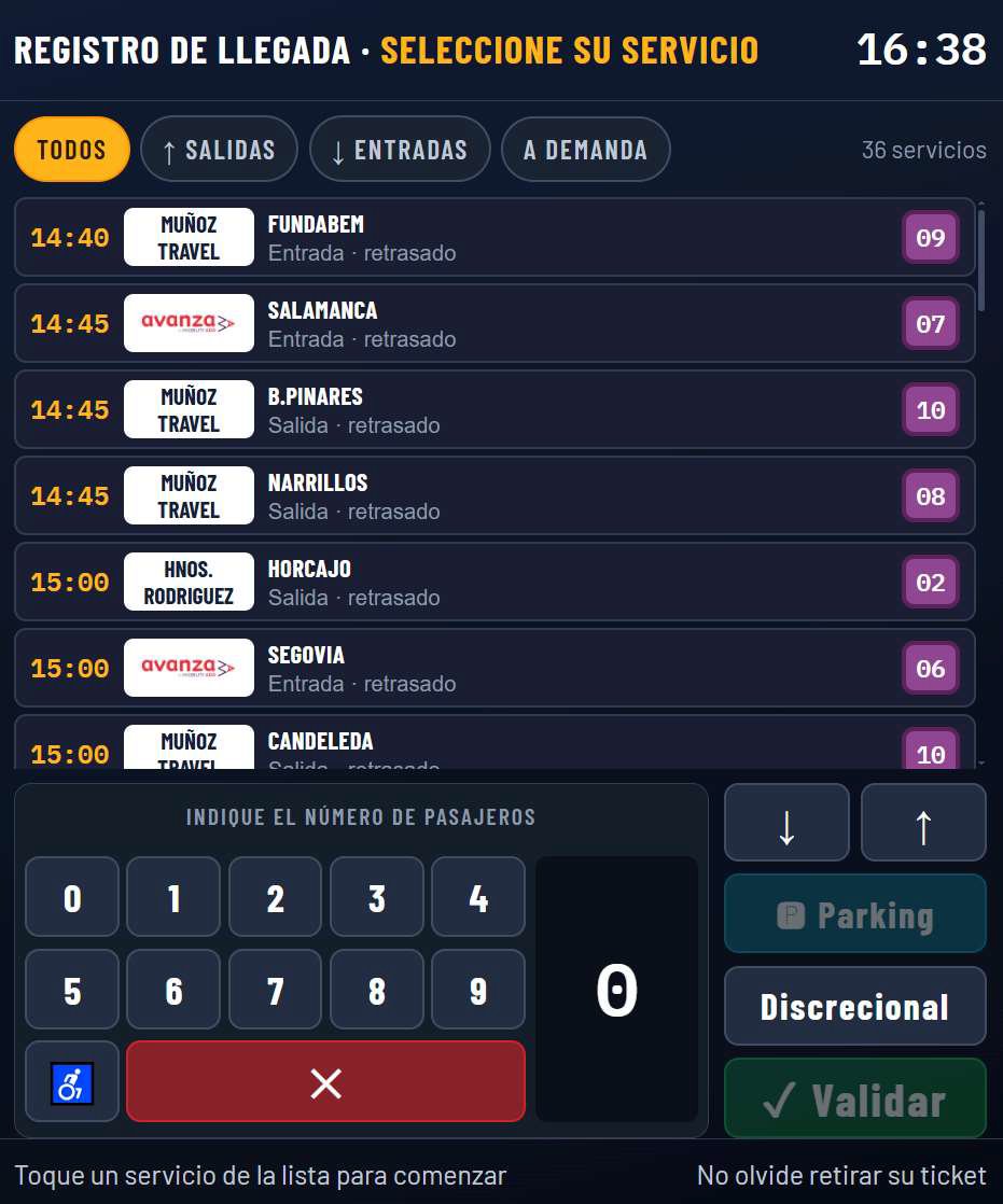 Tótem del conductor: registro de llegada, selección de servicio y declaración de pasajeros en pantalla táctil.
